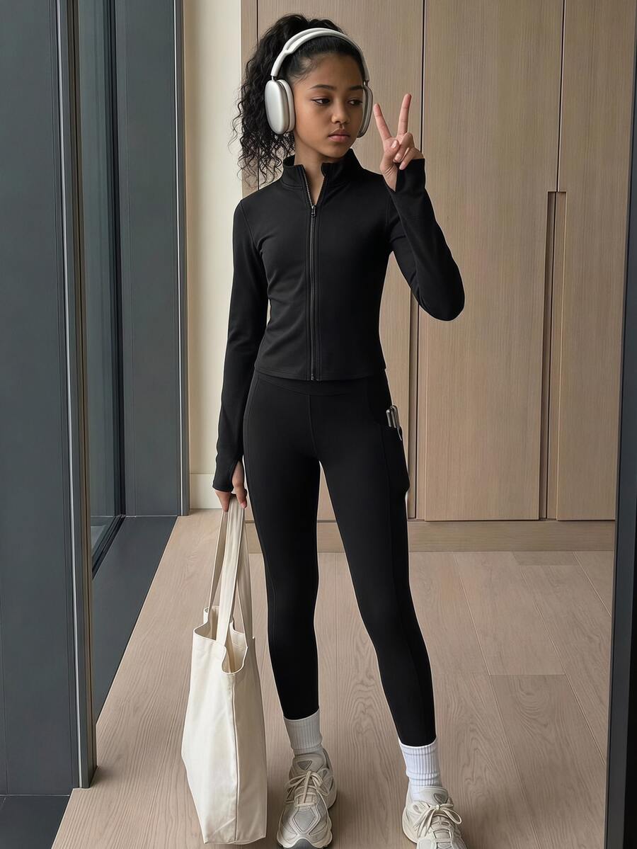 SHEIN Tween Girl 針織黑色立領拉鍊修身休閒運動服套裝,附側口袋緊身褲,運動套裝,學院風套裝 - 黑色 - 查看 1