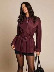 SHEIN Glamour جاكيت نسائي كاجوال يومي من الجلد الصناعي والفليس 2 في 1 - بني - مشاهدة 3