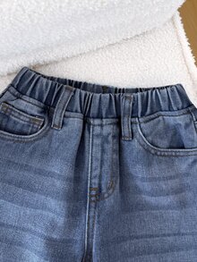 SHEIN Little Byeori 小男孩保暖內裡休閒日常牛仔長褲，附口袋 - 中等水洗藍 - 查看 3