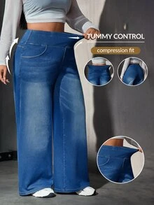 SHEIN Essnce Winter Street High Waist Pocket Denim Dark Blue Daily Wear Wide Leg Jeans - Light Wash - View 1