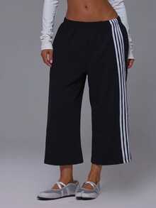 Musera Petite Stripe Side Elasticated Waist Sweatpant Jorts Active Petite Daily Active Gym Workout Fall Autumn Winter Pilates - Black - View 2