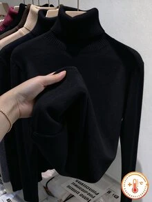 SHEIN Tween Girls Autumn/Winter Thick Warm Casual Basic Daily Wear School Layering High Neck Ribbed Fleece Fabric Solid Color Long School Off-White - Black - View 1