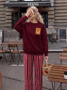 抓絨內裡 青少年女孩復古紅色臘腸狗印花 圓領落肩衛衣與直筒長褲兩件套 街頭復古風 休閒舒適 童裝秋季疊穿 Y2K 運動風 外出街拍 校園慵懶風 - 白色 - 查看 3