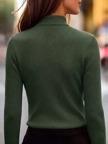 SHEIN LUNE 素色羅紋針織半拉鍊T恤 日常旅行穿搭 酒紅色 秋季休閒款 - 軍綠色 - 查看 2