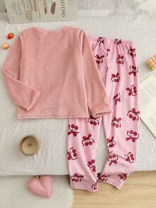 Girls' Fashionable Solid Color Plush Soft Fabric + Cherry Print Loose Casual Pants Set, Cozy Winter Plush Pajamas - Pink - View 2