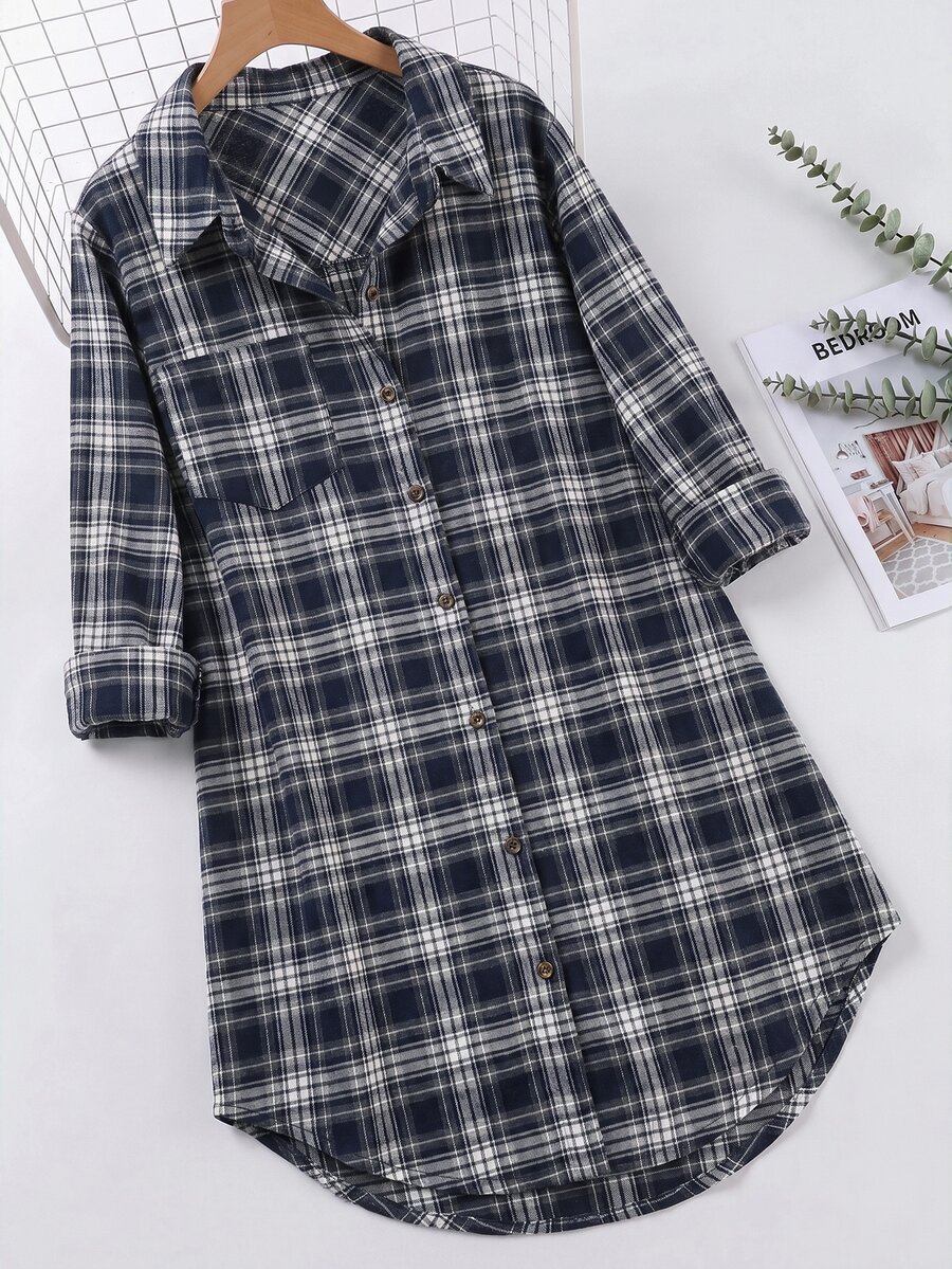 SHEIN LUNE 大尺碼女款格子休閒風 80年代 90年代 1920年代 約會 辦公室 派對 畢業式 教師 開學季 秋季洋裝 巧克力棕 工作穿搭 - 彩色 - 查看 1