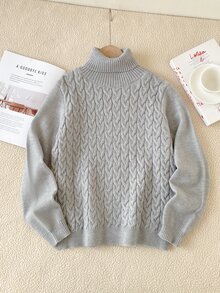 SHEIN 青少年男孩套頭毛衣，附麻花編織提花與馬刺繡標誌，適合秋冬穿著，可搭配大衣與鋪棉外套 - 灰色 - 查看 7