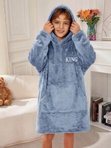 SHEIN 大童男孩秋冬款精緻Logo圖案 KING Little King 標誌圖案連帽長袖袋鼠口袋抓絨長款睡褲 - 淺藍色 - 查看 1