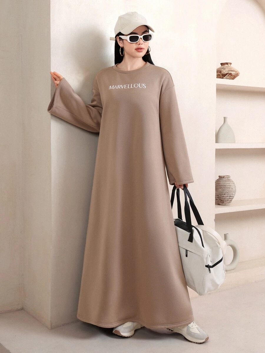 Veilorie Women's Letter Embroidery Round Neck Dropped Shoulder Long Sleeve Casual Loose Long Dress - Khaki - View 1