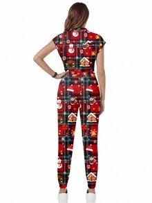TaskEZ Scrub Uniform Jumpsuit, Christmas Santa Plaid Women's Nurse Scrub Uniform, Surgical Scrub, Healthcare Worker Scrub Uniform, Matte Printed Jumpsuit With Shoulder Sleeves, 4 Pockets And Waist Drawstring - Multicolor - View 3