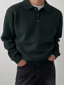 DAZY 男士純色休閒百搭日常穿著長袖針織衫 - 藏蓝色 - 查看 1