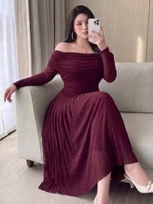 Feyla Plus Size Elegant Pleated Off-Shoulder Dress - Rusty Rose - View 3