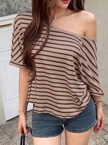 K-Vae 女款夏季休閒性感灰褐色條紋寬鬆T恤，適合日常、夜店、約會 - 卡其色 - 查看 4