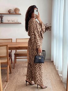 Enliva Plus Size Women's Zebra Print Deep V-Neck Twisted Jumpsuit With Pockets Apple,Rounded Body - Multicolor - View 2