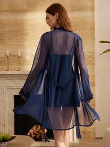 Moireta Women's Mature Sexy Lace Patchwork Velvet Camisole Dress, Mesh Robe Sleepwear Set - Royal Blue - View 2
