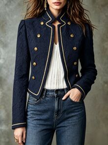Trelyra Women's Fashionable Personalized Double-Breasted Long Sleeve Jacket - Navy Blue - View 4