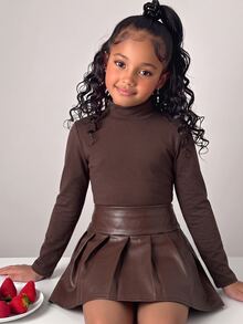 SHEIN Tween Girls Shirt Co-Ords Stand Collar Long Sleeve Pleated Skirt Brown Autumn/Winter 2 Pieces Set - Brown - View 1