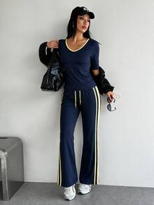 Dewbera Dewbera Women's Colorblock Top And Tie-Up Pants Sports Set - Navy Blue - View 4