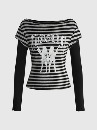 Grunge Punk Top casual da donna 2 in 1 a righe con stampa di lettere per uso quotidiano