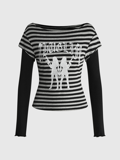 Grunge Punk Damen 2 in 1 Lässig Alltag Top mit Buchstaben-Muster und Streifen