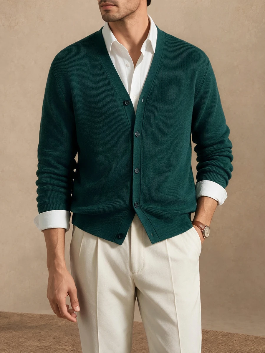 Core Aspect Autumn/Winter Men's Old Money Style, Dark Green High Elastic Core-Spun Yarn, Knitted Cardigan - Dark Green - View 1