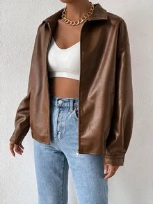 SHEIN EZwear Drop Shoulder Zip Up PU Cropped Leather Jacket In Fall/Winter - Brown - View 4