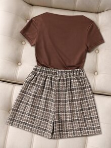 SHEIN 青少年女孩 2件/套 童裝韓版露肩短袖上衣 前開衩高背款 返校季 夏季休閒 - 棕色 - 查看 2
