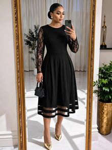 SHEIN Lady Plus Size Women's Contrast Lace Long Sleeve Round Neck Elegant Dress - Black - View 1