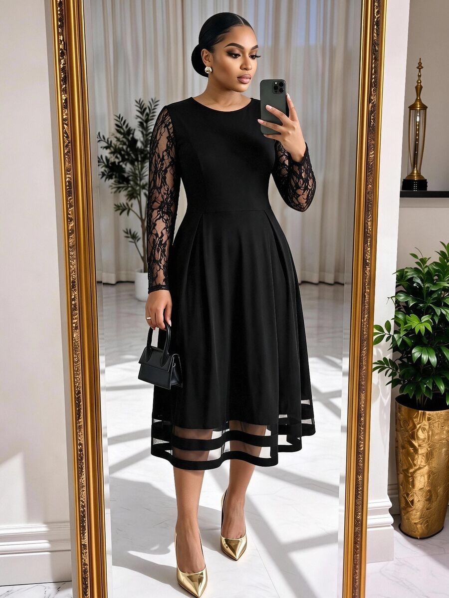 SHEIN Lady Plus Size Women's Contrast Lace Long Sleeve Round Neck Elegant Dress - Black - View 1