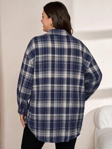 SHEIN LUNE 大尺碼極簡風 2000s 1950s 1920s 復古休閒格紋單排扣長袖襯衫，棕色，適合返校、早午餐、辦公室、秋季感恩節 - 彩色 - 查看 2