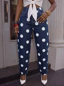 Slaydiva Women's Polka Dot Pattern Casual Denim Loose Curved Leg Dad Jeans - Blue - View 4