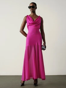 Aveloria Modichic Dress Slim Waisted Large Flare Chiffon Sleeveless Cowl Neck Elegant Hot Pink Solid Elegant Long Dress Party Dress Evening Dress New Year - Hot Pink - View 7