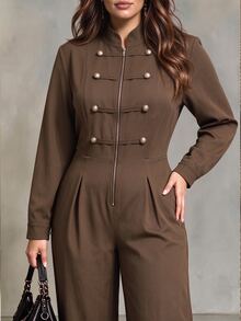 Linhara CURVE Plus Size Woven Elegant Autumn One-Piece Pants - Coffee Brown - View 6
