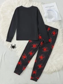 SHEIN 青少年男孩修身螢光蜘蛛圖案圓領長袖T恤與長褲套裝，柔軟舒適修身居家休閒睡衣套裝 2件組 - 黑色 - 查看 2