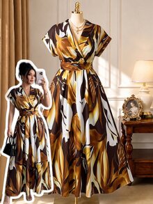 Rometta Plus Size Women's Elegant Skin-Friendly Fabric Woven Print Overlap Collar Geometric Pattern Sleeveless A-Line Dress Formal Dark Green - Brown - View 4