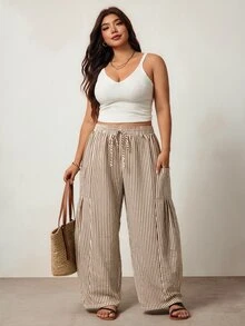 Enliva Plus Size Women's Loose Drawstring Striped Casual Pants Apple,Rounded Body - Multicolor - View 6