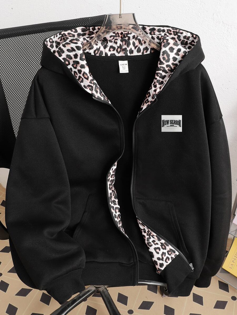 SHEIN 青少年女孩秋冬黑色對比色抓絨內裡拼接豹紋雙層設計休閒寬鬆套頭運動衫,極簡設計,適合休閒與運動 - 黑色 - 查看 1