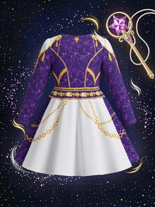 女童流行亮片星星鏈條印花拼色長袖 A 字羅紋針織秋季洋裝 舞台表演演唱會度假冬季風格 - 彩色 - 查看 2