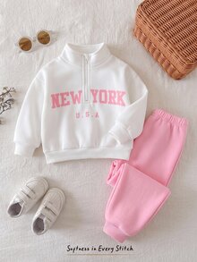 Cozy Pixies 女嬰休閒半拉鍊立領運動衫與慢跑褲兩件套，紐約字母圖案長袖套頭上衣運動褲套裝 - 彩色 - 查看 3