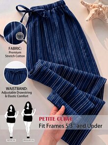 SHEIN PETITE CURVE 大尺碼條紋休閒居家長褲 抽繩腰頭 適用日常穿著 正式居家服 棕色 夏季 - 藍白色 - 查看 8