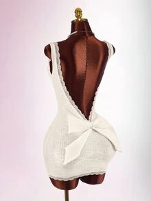Amplova Autumn/Winter Date Party Snow Backless Bow Design Diamond Textured Knit Dress - Beige - View 2