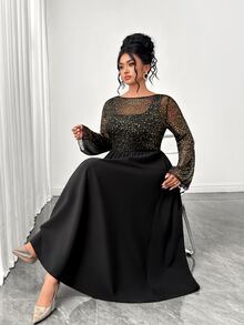 Elenzga Plus Size Women's Black & Gold Mesh Asymmetrical Shoulder A-Line Long Sleeve Maxi Dress, Suitable For Daily Commute, Party, Date And Other Occasions - Multicolor - View 4