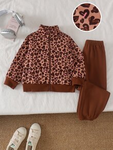 SHEIN 2件組幼女夾克運動長褲套裝，棕色與粉色愛心豹紋動物印花針織長袖立領拉鍊開襟羅紋款，冬季度假運動休閒派對穿搭 - 彩色 - 查看 1