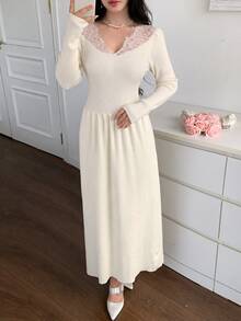 Feyla Women's Contrast Lace Long Sleeve Elegant Long Knit Dress - White - View 4