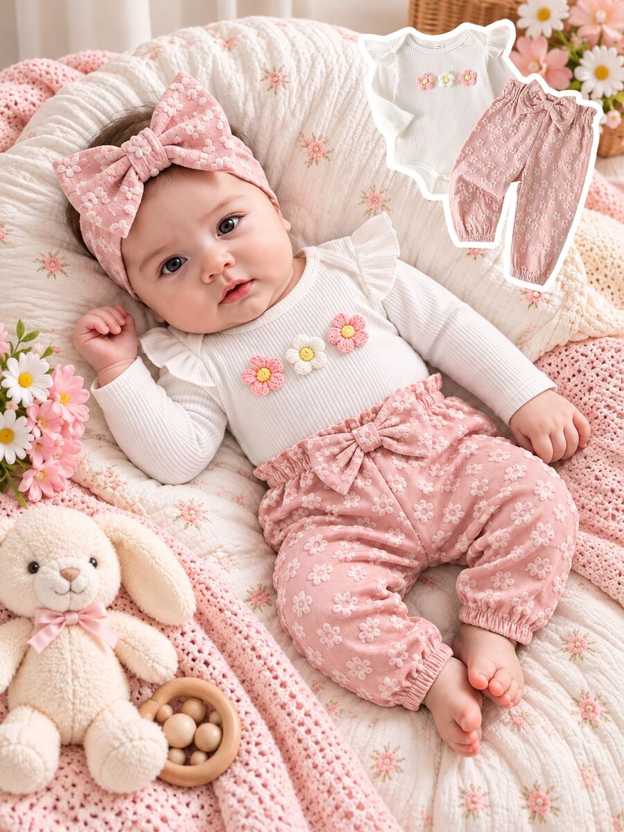 SHEIN 2pcs Baby Girls Romper + Pants Cute Sweet Pink White 3D Flower Ruffle Bow Long Sleeve Round Neck Regular Birthday Party Spring Floral Ribbed