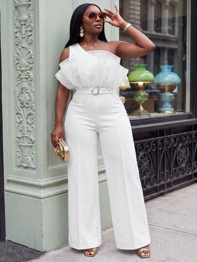 Slaydiva Plus Size One‑Shoulder Mesh Ruffle Jumpsuit, High Waist Wide Leg Pants With Decorative Belt, For