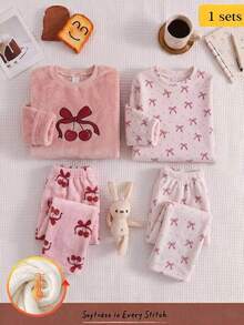 Girls' Fashionable Solid Color Plush Soft Fabric + Cherry Print Loose Casual Pants Set, Cozy Winter Plush Pajamas - Pink - View 3