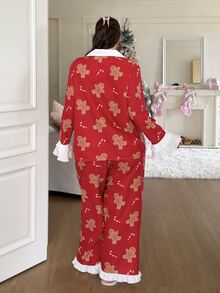 Slumberry CURVE Sweet Cute Gingerbread Man Candy Cane Print Colorblock Ruffle Woven Plus Size Pajama Set - Burgundy - View 5