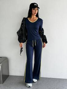 Dewbera Dewbera Women's Colorblock Top And Tie-Up Pants Sports Set - Navy Blue - View 7