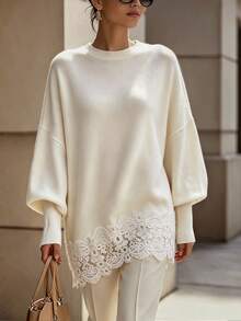 SHEIN Women's Festival Outfits Spring, Summer, Autumn, And Winter Lace Patchwork Casual Daily Long Sleeve Sweater - Apricot - View 3